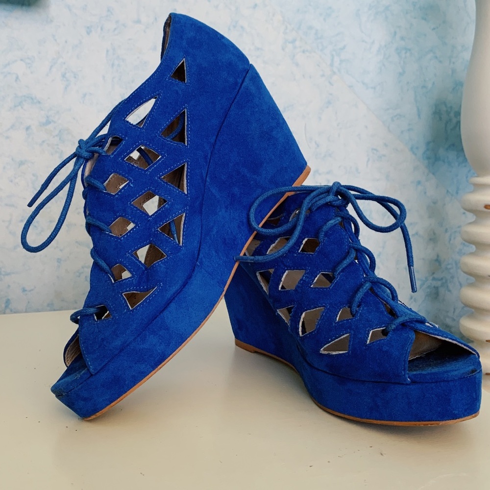 Office London Blue Lace Up Suede Wedges